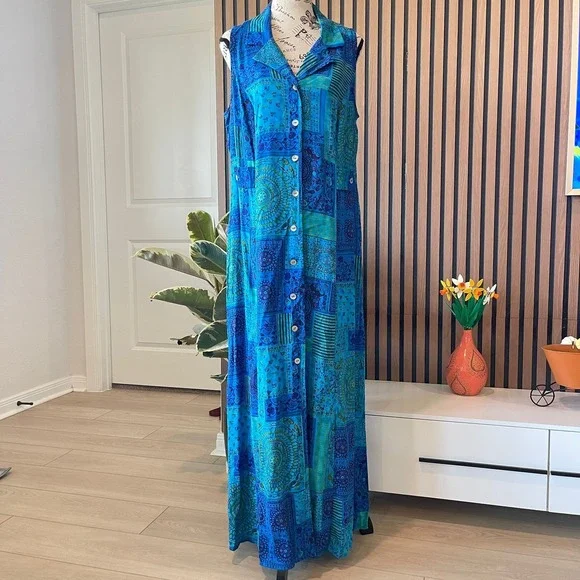 Scarlett Paisley Patchwork Maxi Dress Button Front Sleeveless Blue Size 14 - Picture 1 of 8